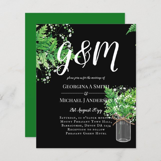 BUDGET Ferns Verdure Noir Mariage Invitation (Devant / Derrière)