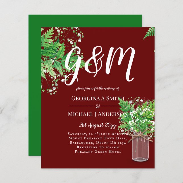 BUDGET Ferns Vert Bourgogne Mariage Invitation (Devant / Derrière)