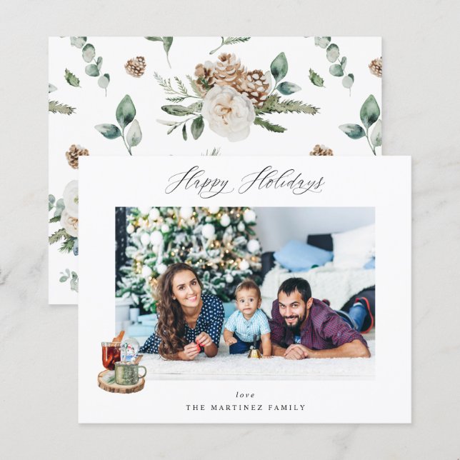 Budget Fêtes Joyeuses Fêtes Photo - Floral Blanc (Devant / Derrière)