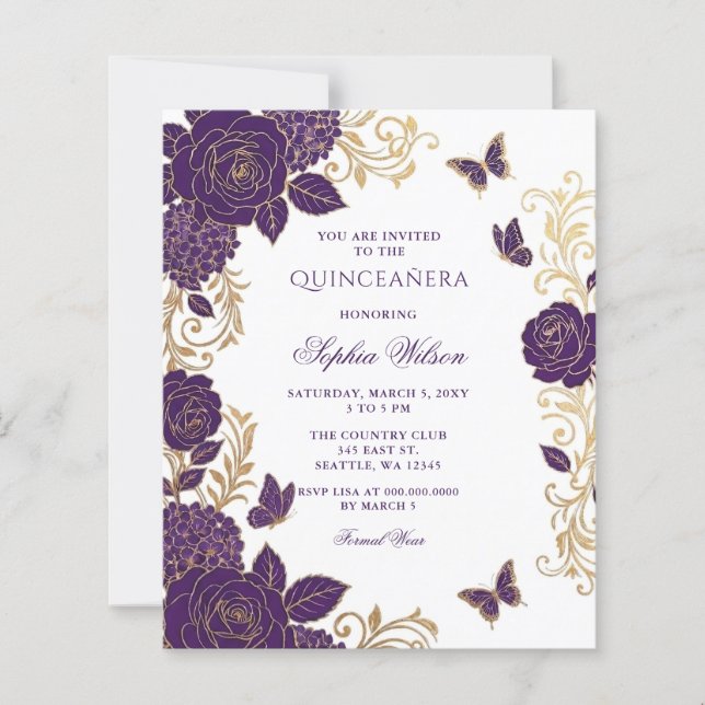 Budget Fleur de Lys Violet Or Papillon Quinceañera (Devant)