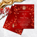 BUDGET Fleur rouge cerise | Mariage chinois<br><div class="desc">Branches de fleurs de cerisiers rouges,  deux papillons et un double symbole de bonheur doré sur un arrière - plan rouge.</div>