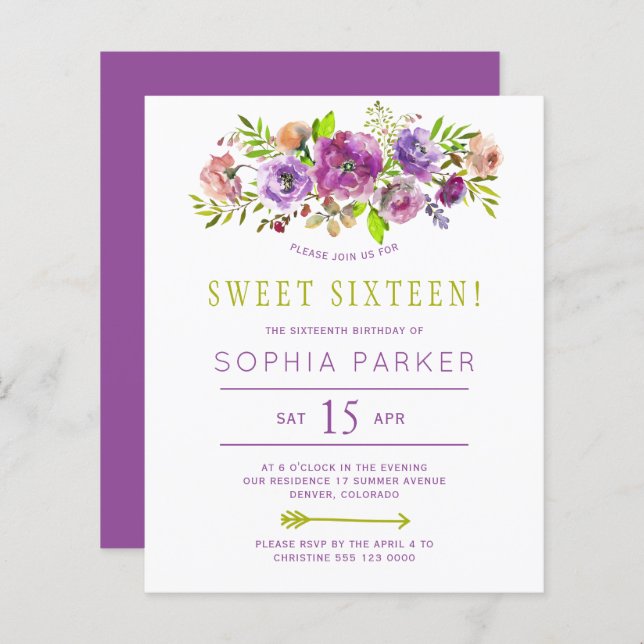 Budget fleuri violet Sweet 16 anniversaire invitat (Devant / Derrière)