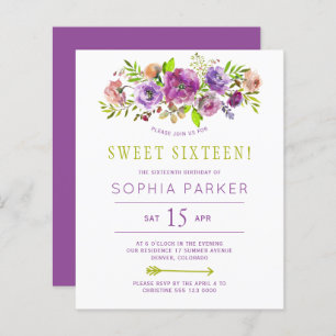 Budget fleuri violet Sweet 16 anniversaire invitat