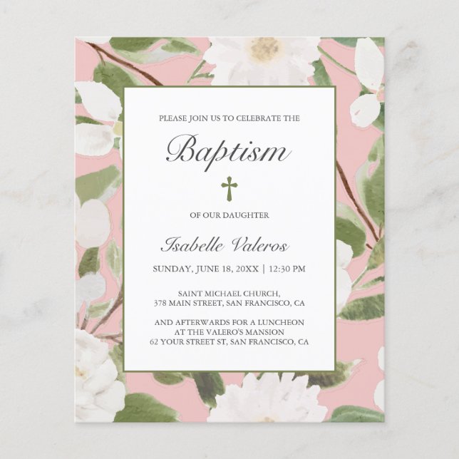 BUDGET Fleurs blanches BAPTISME rose feuille (Devant)