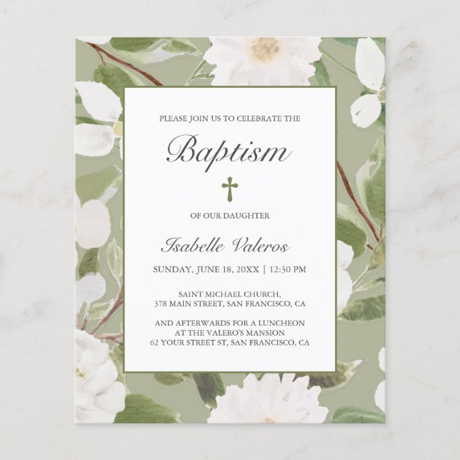 BUDGET Fleurs blanches BAPTISME vert feuille (Devant)