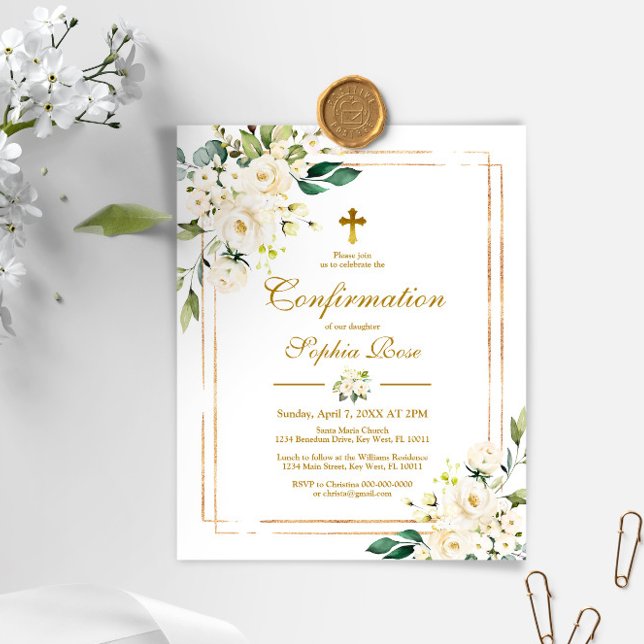 Budget Fleurs blanches Gold Confirmation Invitatio (Créateur téléchargé)