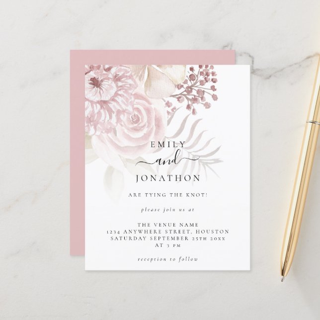 Budget Fleurs Roses Informelles Écriture Mariage (Devant/Arrière en situation)
