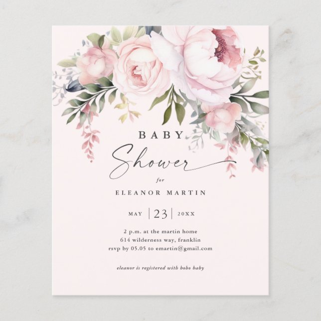 Budget Fleurs roses Invitation Baby shower de jard (Devant)