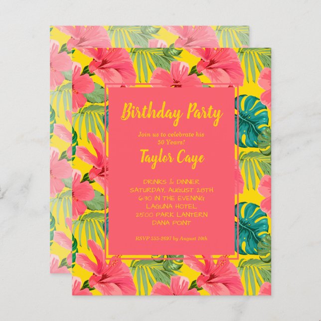 Budget Fleurs tropicales Invitations de fête d'ann (Devant / Derrière)