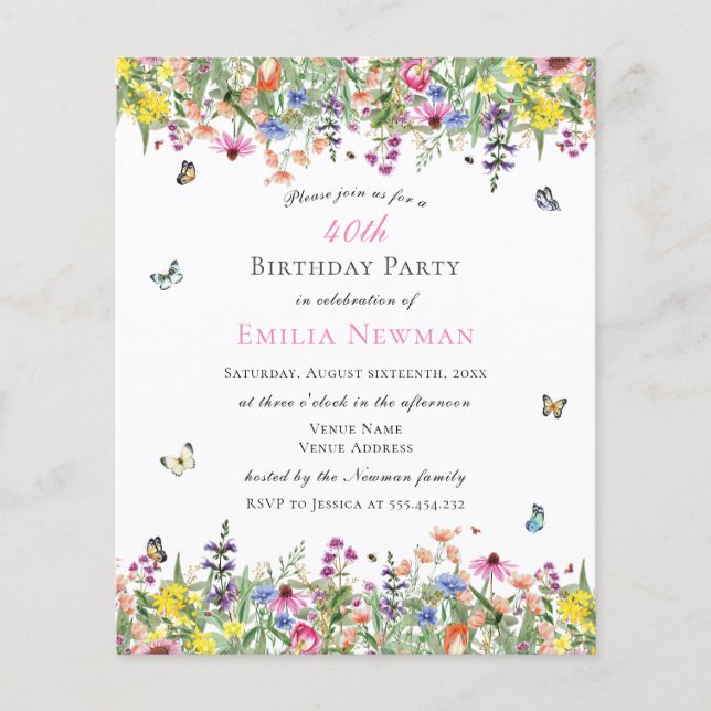 Budget Floral 40e Anniversaire Fête Invitation (Devant)