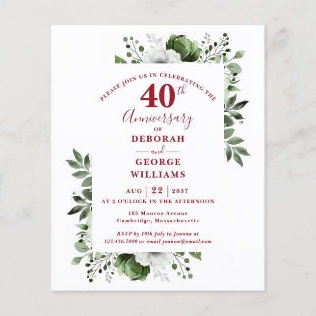 Budget Floral 40e anniversaire Mariage Invitation (Devant)
