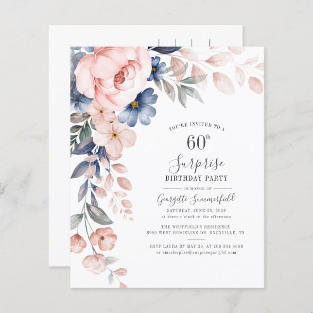 Budget Floral 60e anniversaire Pink Script Invitat (Devant / Derrière)
