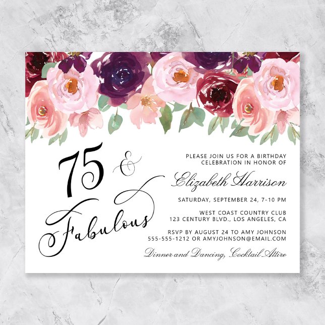 Budget Floral 75e anniversaire de fête Invitation (Créateur téléchargé)