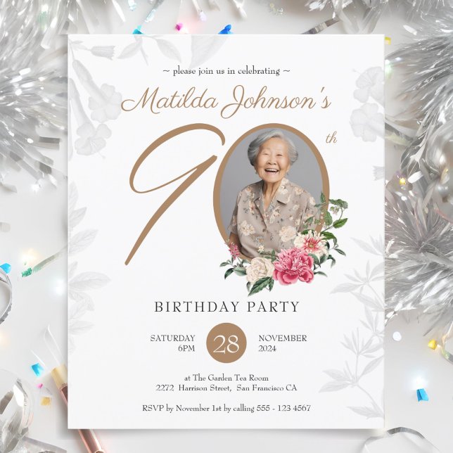 Budget Floral 90e Anniversaire Fête Invitation (Budget Floral 90th Birthday Party Invitation)