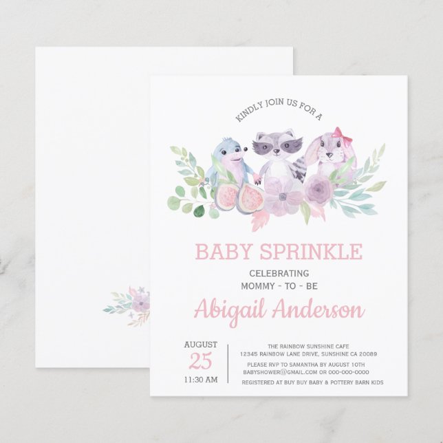 Budget Floral Animal Baby Sprinkl Invitation (Devant / Derrière)