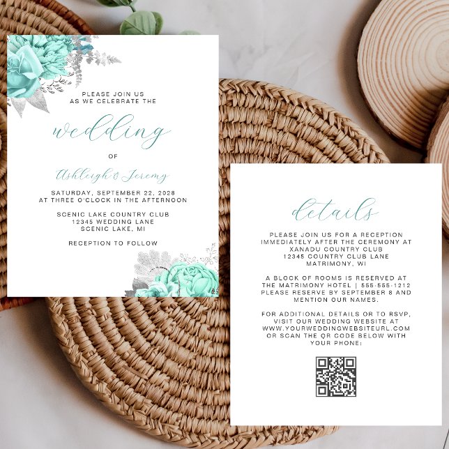 Budget Floral Aqua Silver QR Code Wedding Invite (Créateur téléchargé)