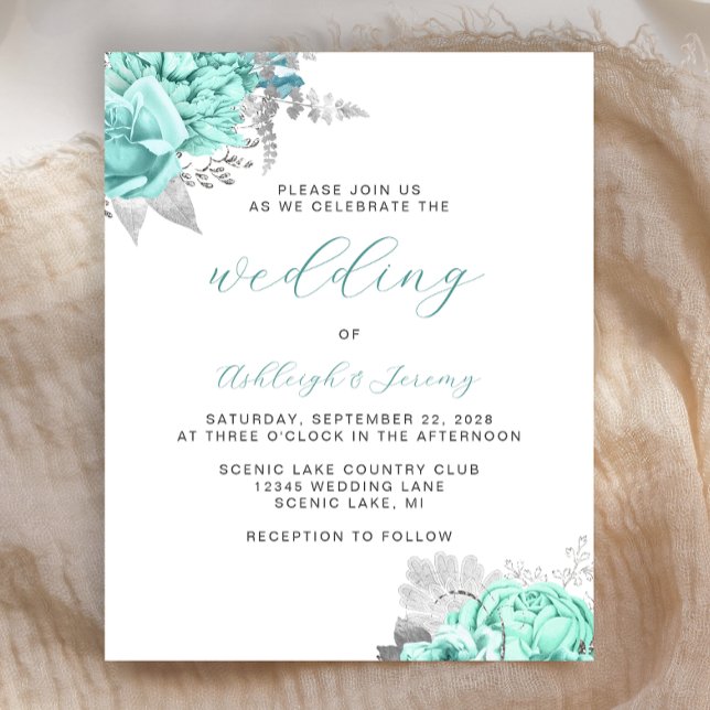 Budget Floral Aqua Silver Script Wedding Invite (Créateur téléchargé)