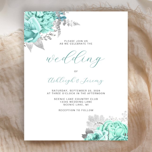 Budget Floral Aqua Silver Script Wedding Invite (Créateur téléchargé)