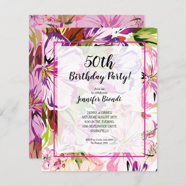 Budget Floral Aquarelle Anniversaire Fête Invitati (Devant / Derrière)