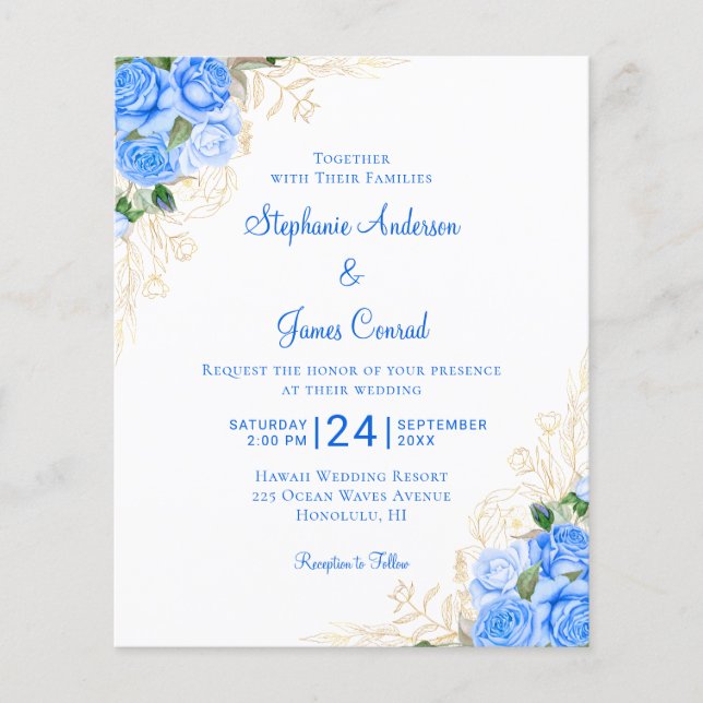 Budget Floral Aquarelle bleu Faire-part de mariage (Devant)