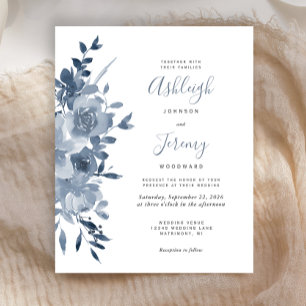 Budget Floral Aquarelle Dusty Blue Wedding Invitat