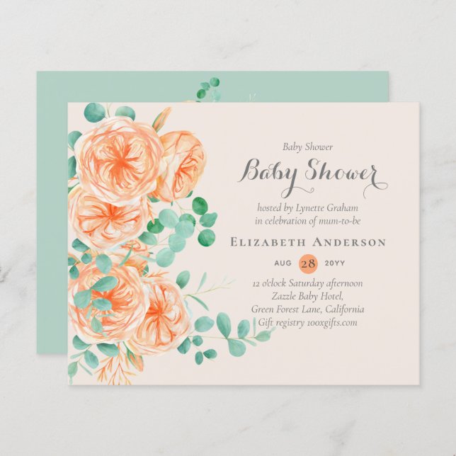 BUDGET Floral Baby shower Invitation Moderne Plutô (Devant / Derrière)