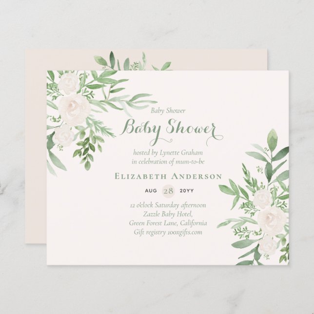 BUDGET Floral Baby shower Invitation Moderne Plutô (Devant / Derrière)