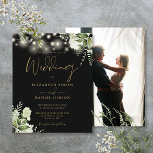 Budget Floral Black and Gold Photo Wedding Invitat