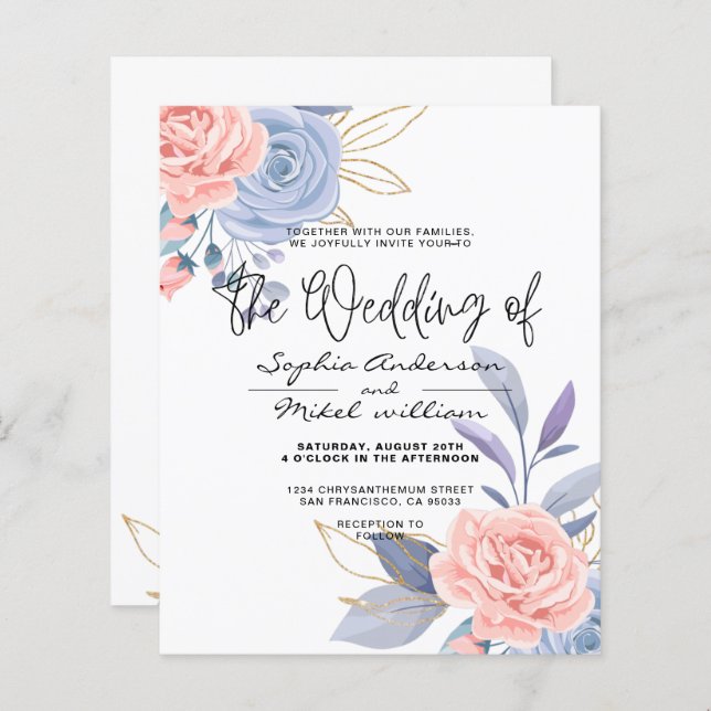 Budget Floral bleu et rose faire-part de mariage d (Devant / Derrière)