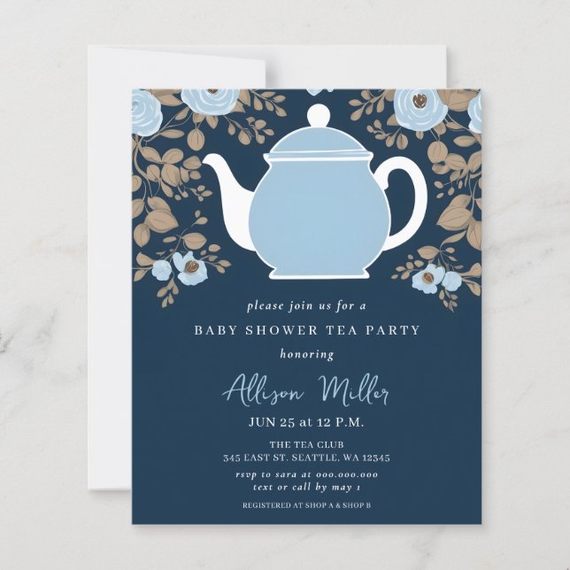 Budget Floral Blue Tea Party Boy Baby Shower Invit (Devant)
