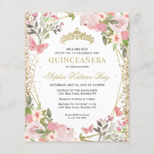 Budget Floral Blush Gold Tiara Quinceañera Invitat