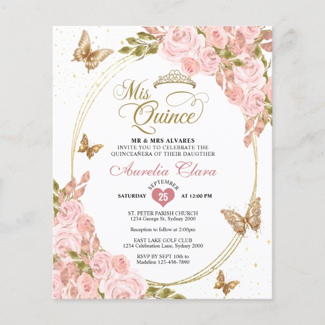BUDGET Floral Blush Or Papillon rose Mis Quince (Devant)