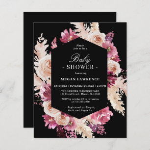 Budget Floral Boho Baby shower Black Invitation