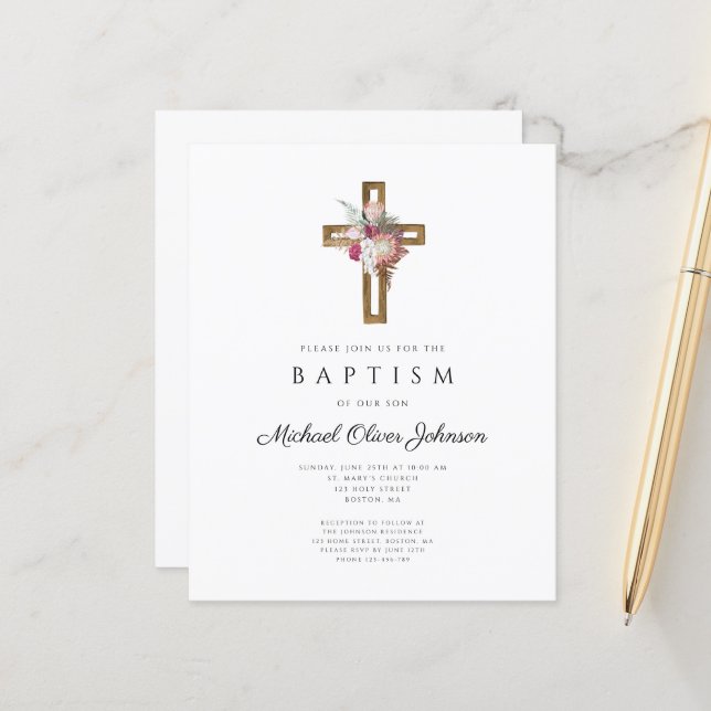 Budget Floral Boho Cross Baptism Invitation (Devant/Arrière en situation)