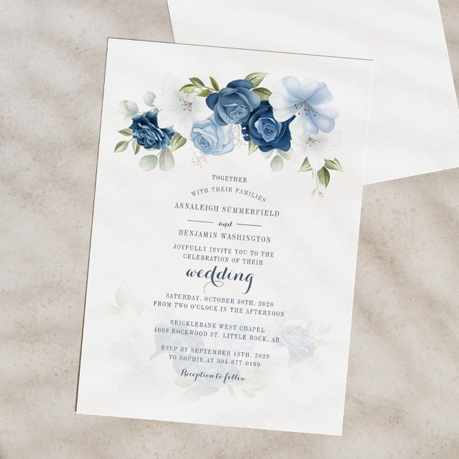 Budget Floral Botanical Dusty Blue Wedding Invitat (Elegant Floral Dusty Blue Bloom Script Wedding Invitation)