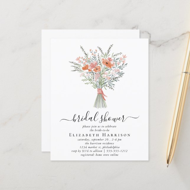 Budget Floral Bouquet Invitation Fête des mariées (Devant/Arrière en situation)