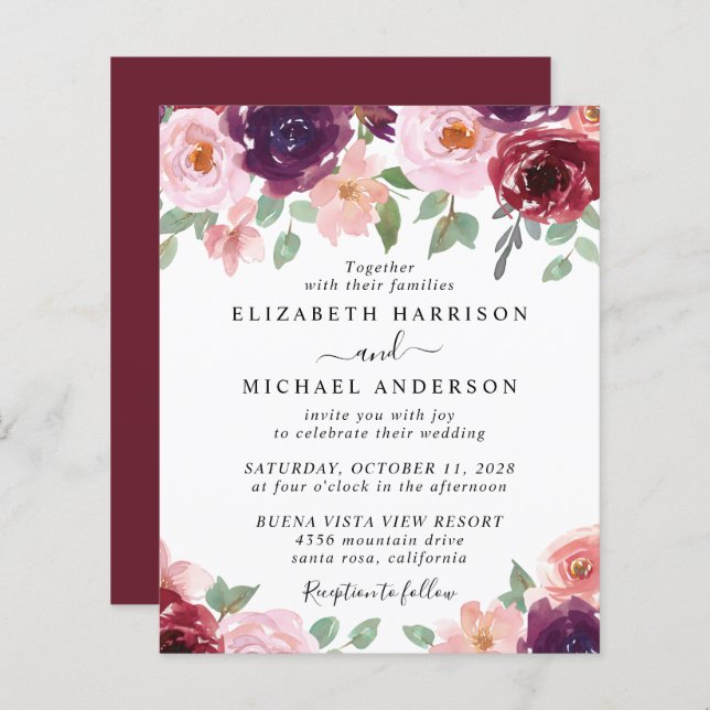 Budget Floral Bourgogne Aquarelle Mariage Invitati (Devant / Derrière)
