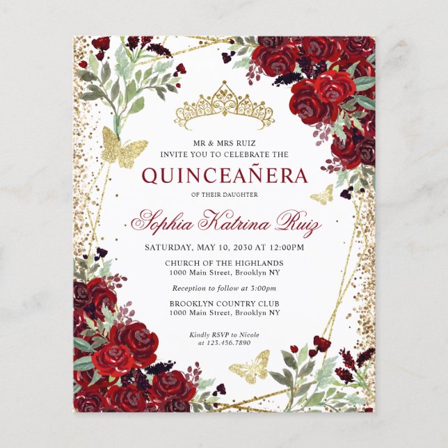 Budget Floral Bourgogne or Quinceañera Invitation (Devant)