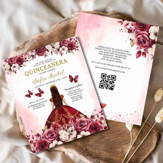 Budget Floral Bourgogne QR Code Quinceanera (Créateur téléchargé)