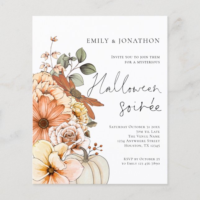 Budget Floral Citrouille Script Halloween Party Bl (Devant)