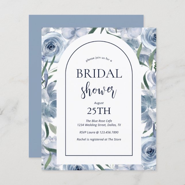 Budget Floral Dusty Blue Bridal Shower Invitation (Devant / Derrière)