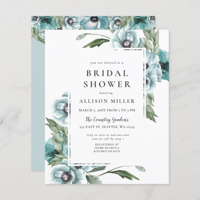 Budget Floral Dusty Blue Bridal Shower Invitation (Devant / Derrière)