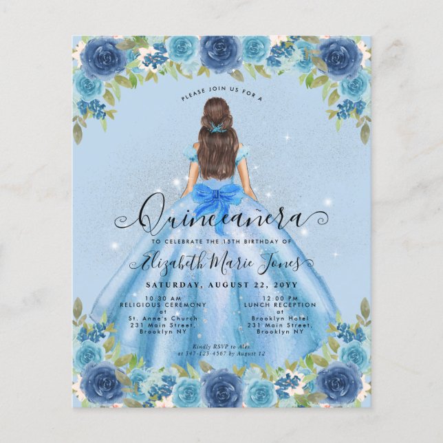 Budget Floral Dusty Blue Grey Princess Quinceanera (Devant)