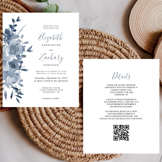 Budget Floral Dusty Blue QR Code Mariage Invitatio (Créateur téléchargé)