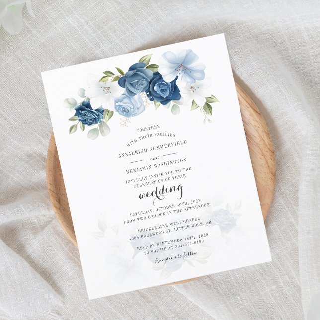 Budget Floral Dusty Blue Script Faire-part de mari (Elegant Dusty Blue Floral Script Wedding Invitation)