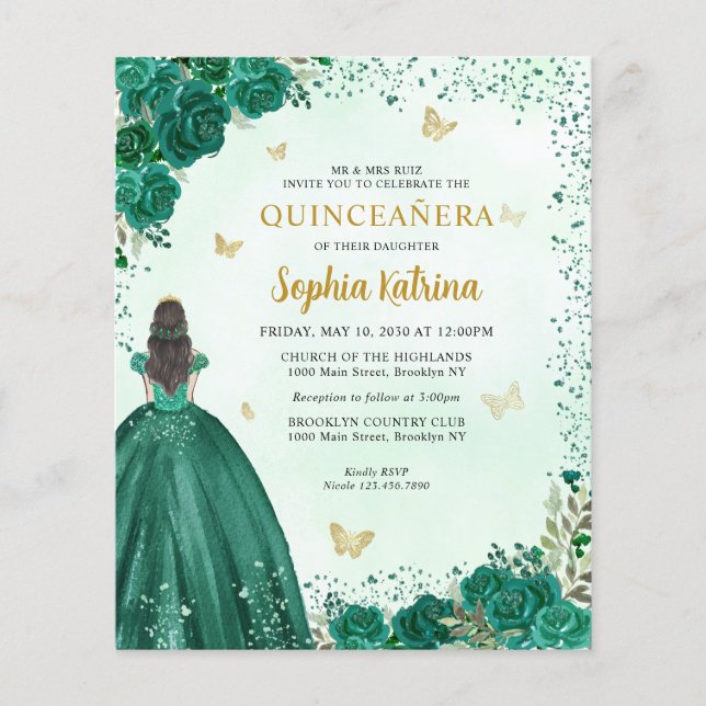 Budget Floral Emerald Green Princess Quinceanera (Devant)