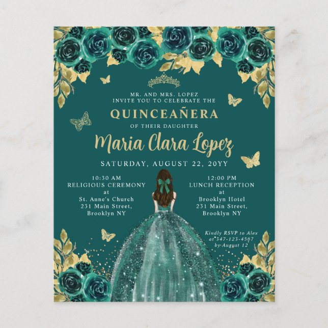 Budget Floral Emerald Green Princess Quinceanera (Devant)