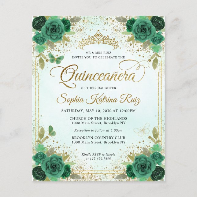 Budget Floral Emerald Vert Glam Or Quinceañera (Devant)
