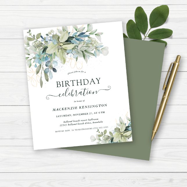 Budget Floral Eucalyptus fête d'anniversaire (Budget Floral Eucalyptus Birthday Celebration Invitation)