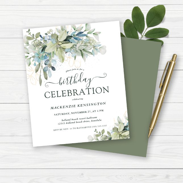 Budget Floral Eucalyptus fête d'anniversaire (Budget Floral Eucalyptus Birthday Celebration Invitation)